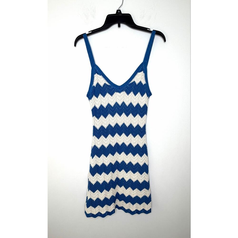 Z Supply Allure Stripe Crochet Mini Dress Sz M Blue Cream Boho Beach Festival